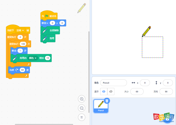 scratch彩色画笔编程画个正方形