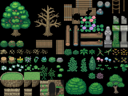 2D像素RPG游戏树木花草地形瓷砖道具素材