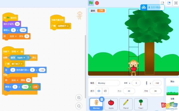 蓝桥杯STEMA考试scratch真题：猴子摘苹果编程游戏