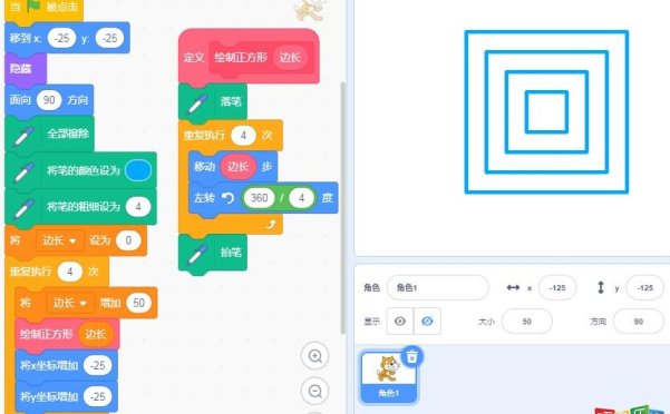 scratch绘制正方形，正方形边长逐渐扩大