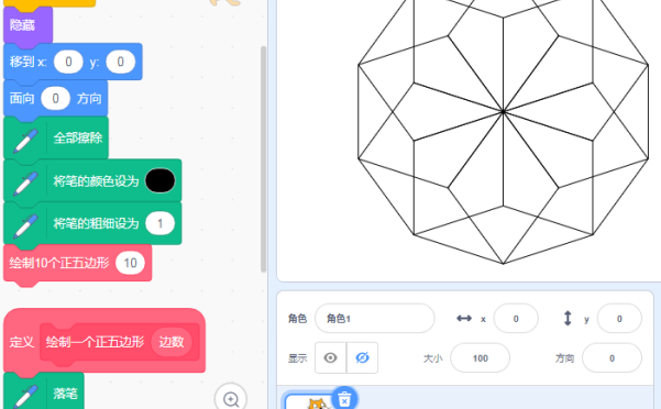 scratch绘制正五边形，画出十个正五边形