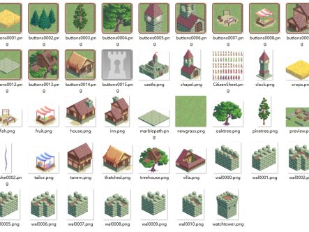 2D中世纪城墙房屋建筑和村民人物素材(含音效)